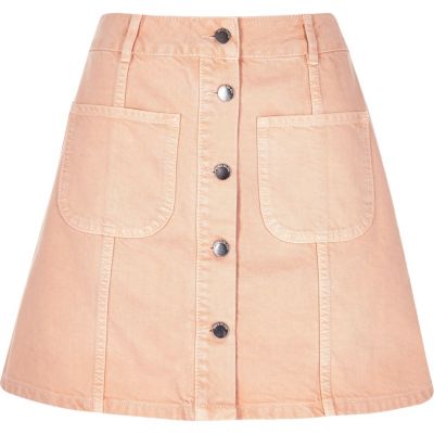 Pink denim button-up A-line skirt